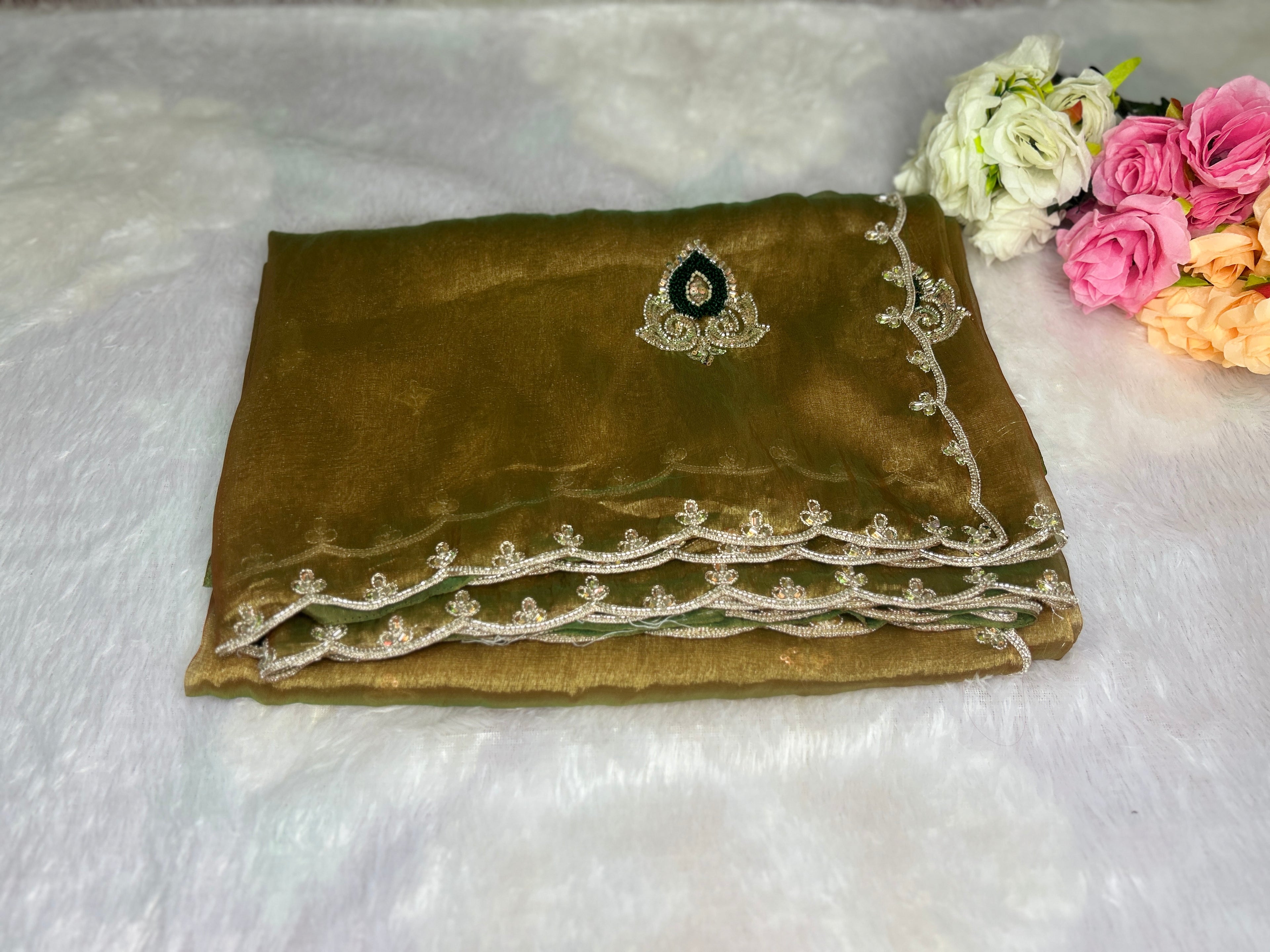 Premium Double Shade Twill Fabric Saree with Handwork