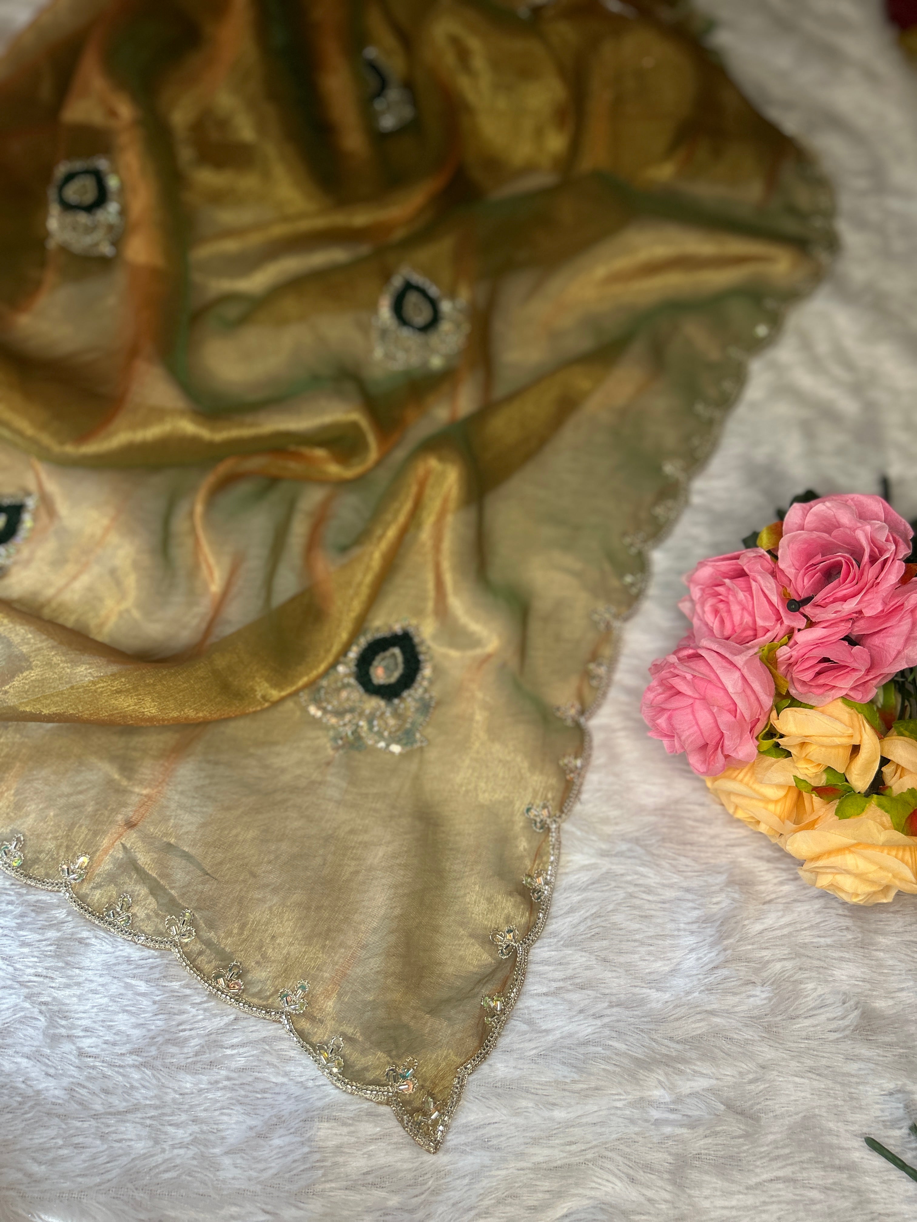 Premium Double Shade Twill Fabric Saree with Handwork