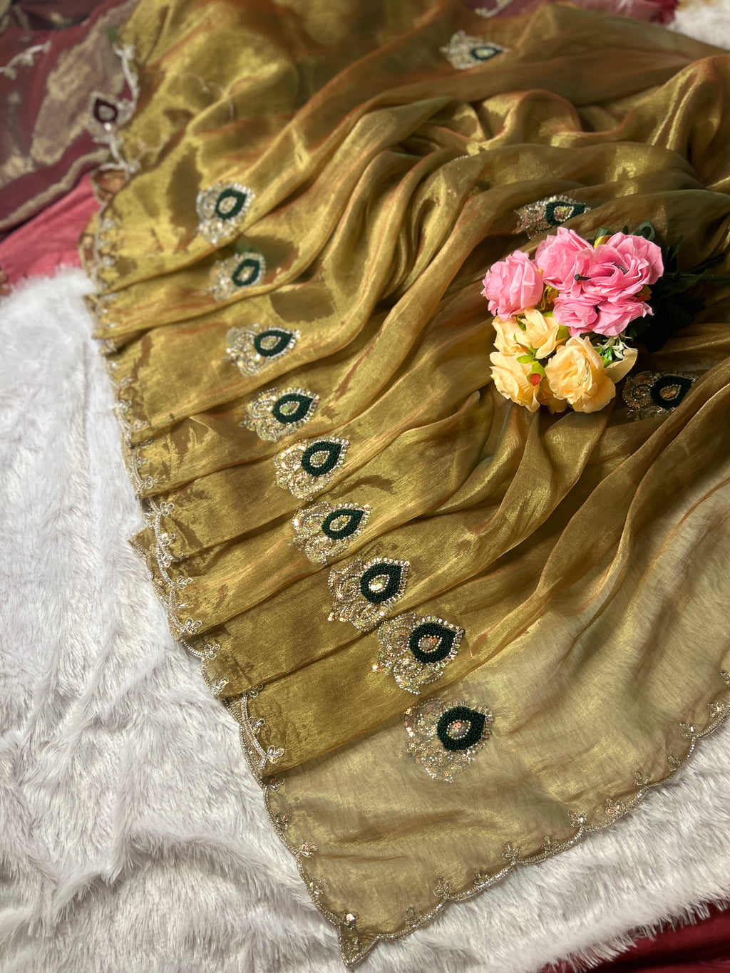 Premium Double Shade Twill Fabric Saree with Handwork