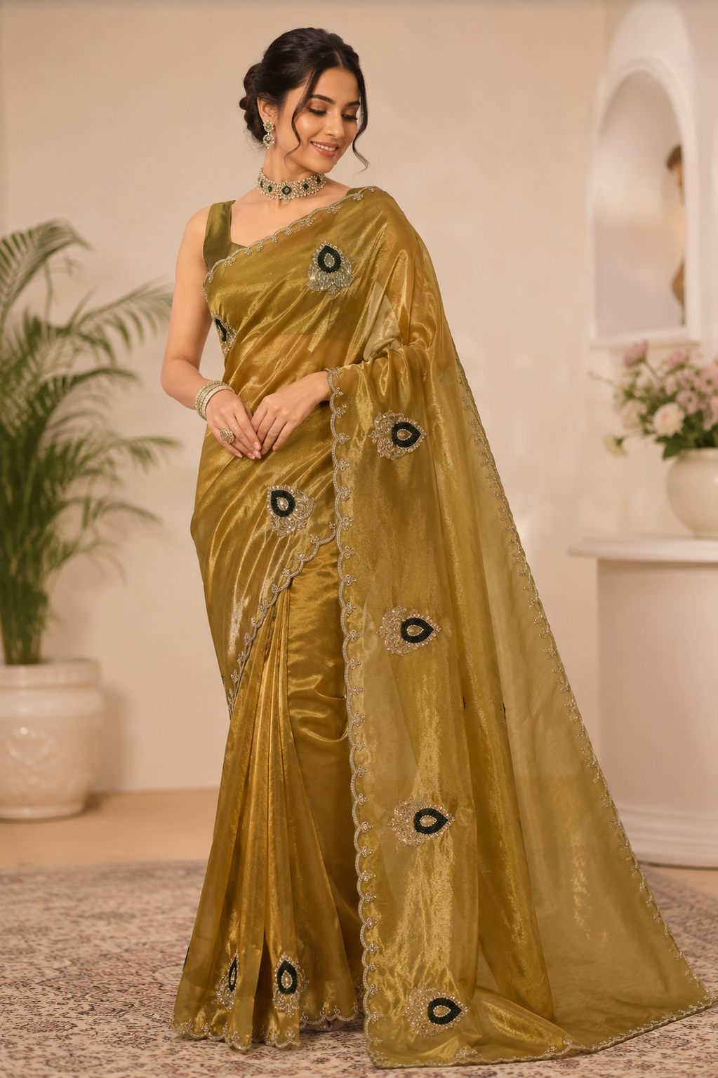 Premium Double Shade Twill Fabric Saree with Handwork