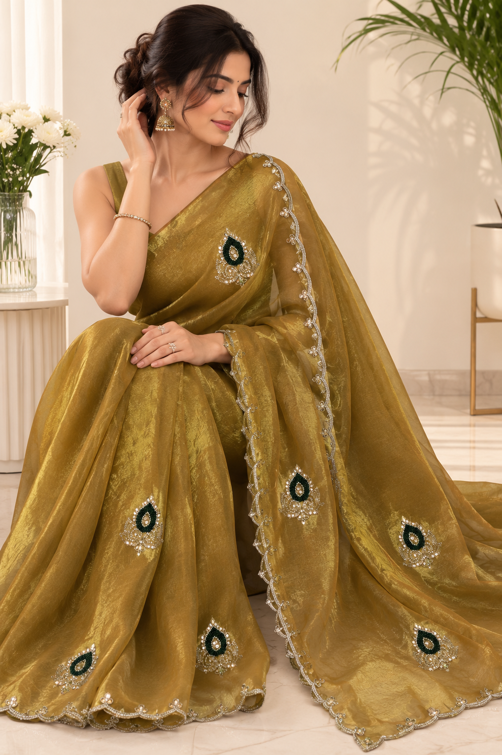 Premium Double Shade Twill Fabric Saree with Handwork