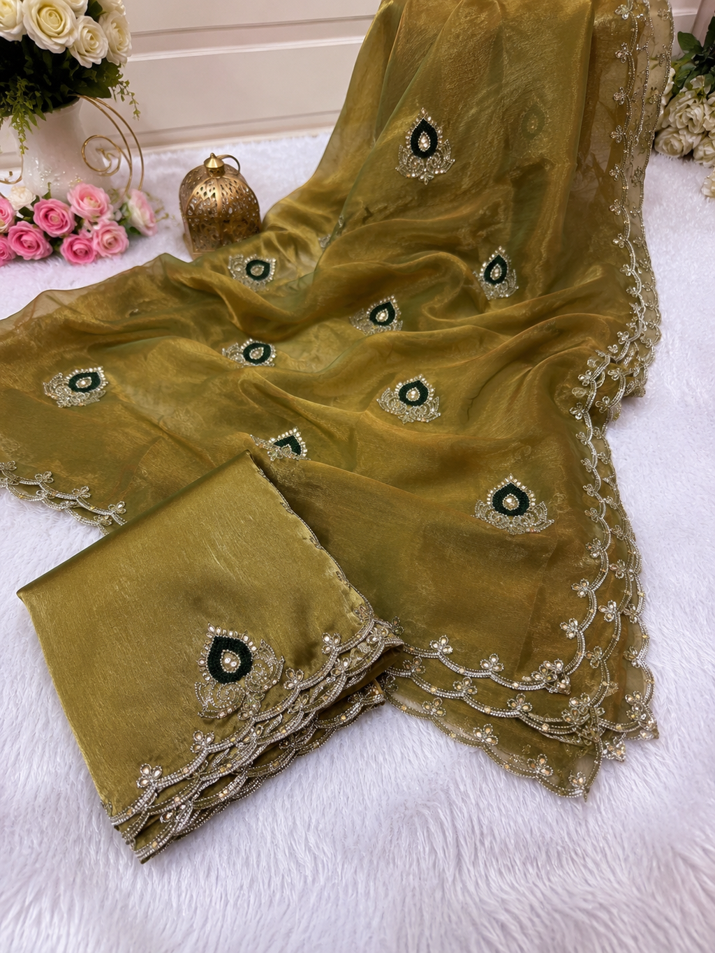 Premium Double Shade Twill Fabric Saree with Handwork