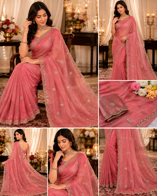 Blush Pink Hand Work Chiffon Saree