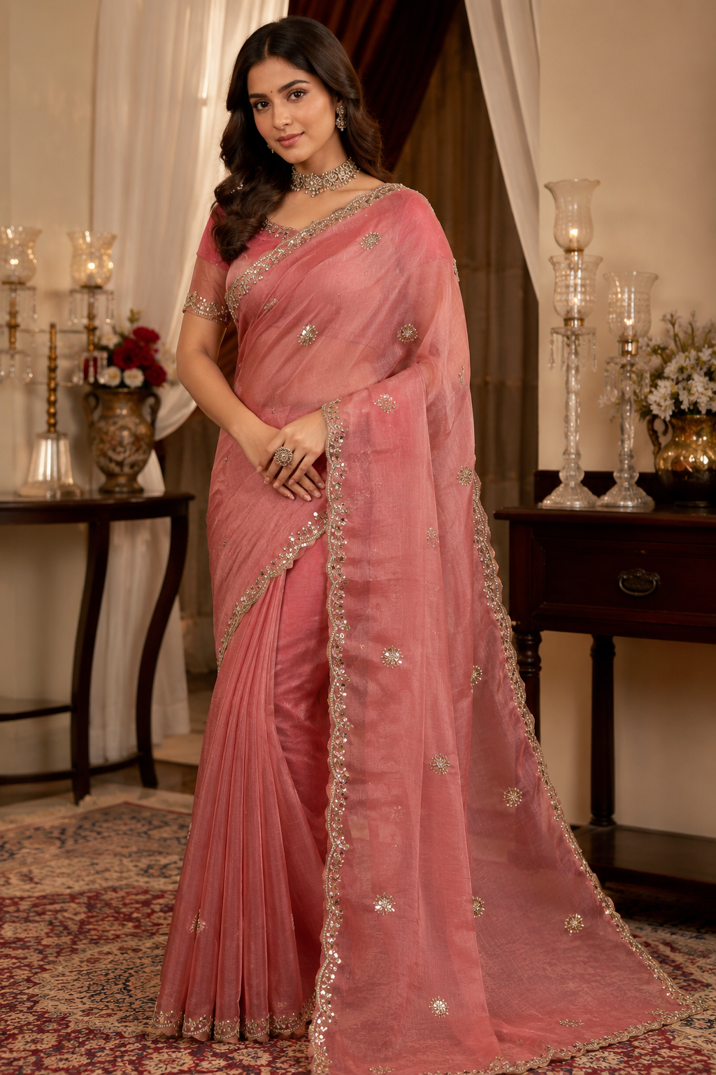 Blush Pink Hand Work Chiffon Saree