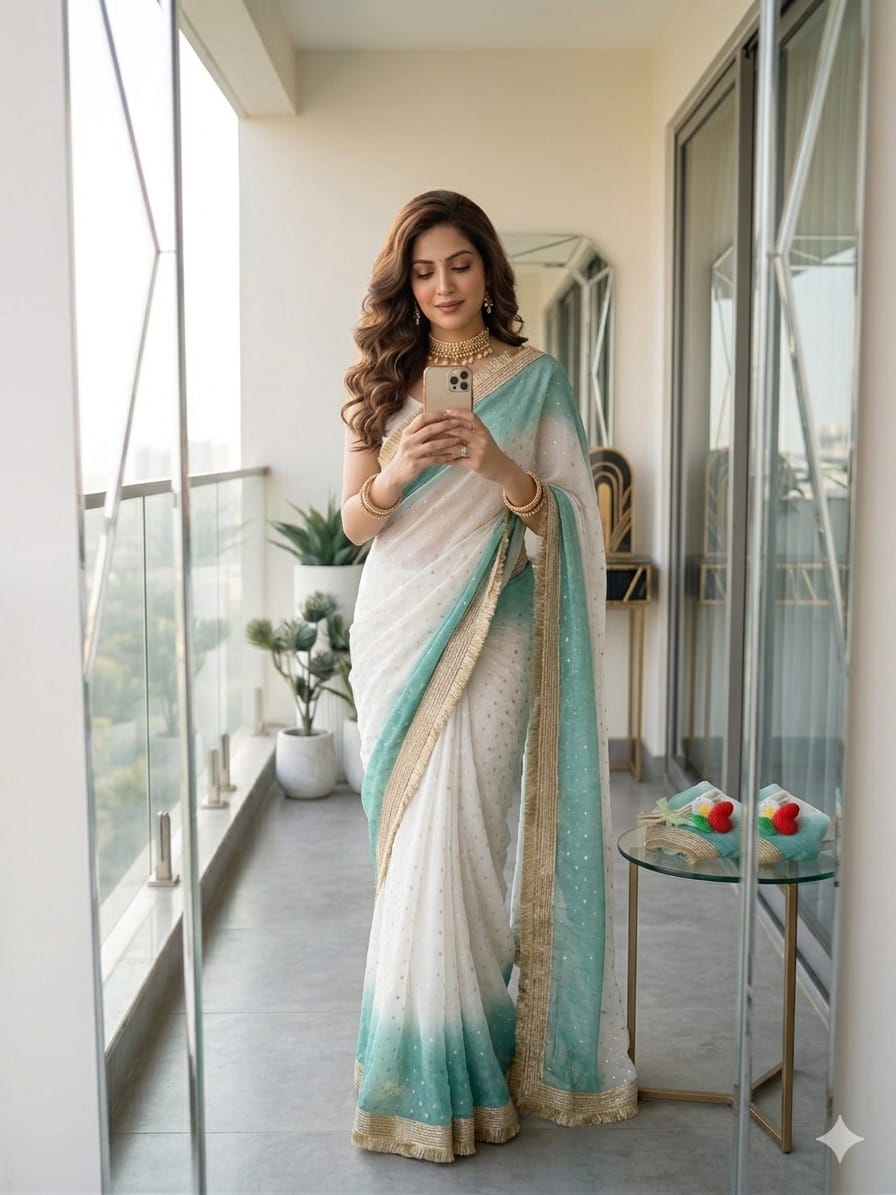 Premium Fendy Satin Jacquard Weaving Saree with Golden Lace Border