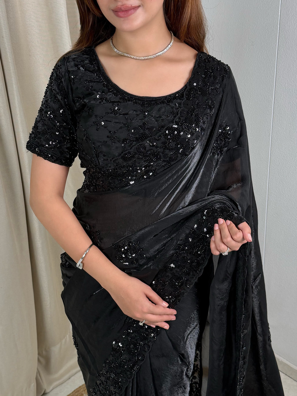 Regal Fandy Satin Beads & Sequins Saree