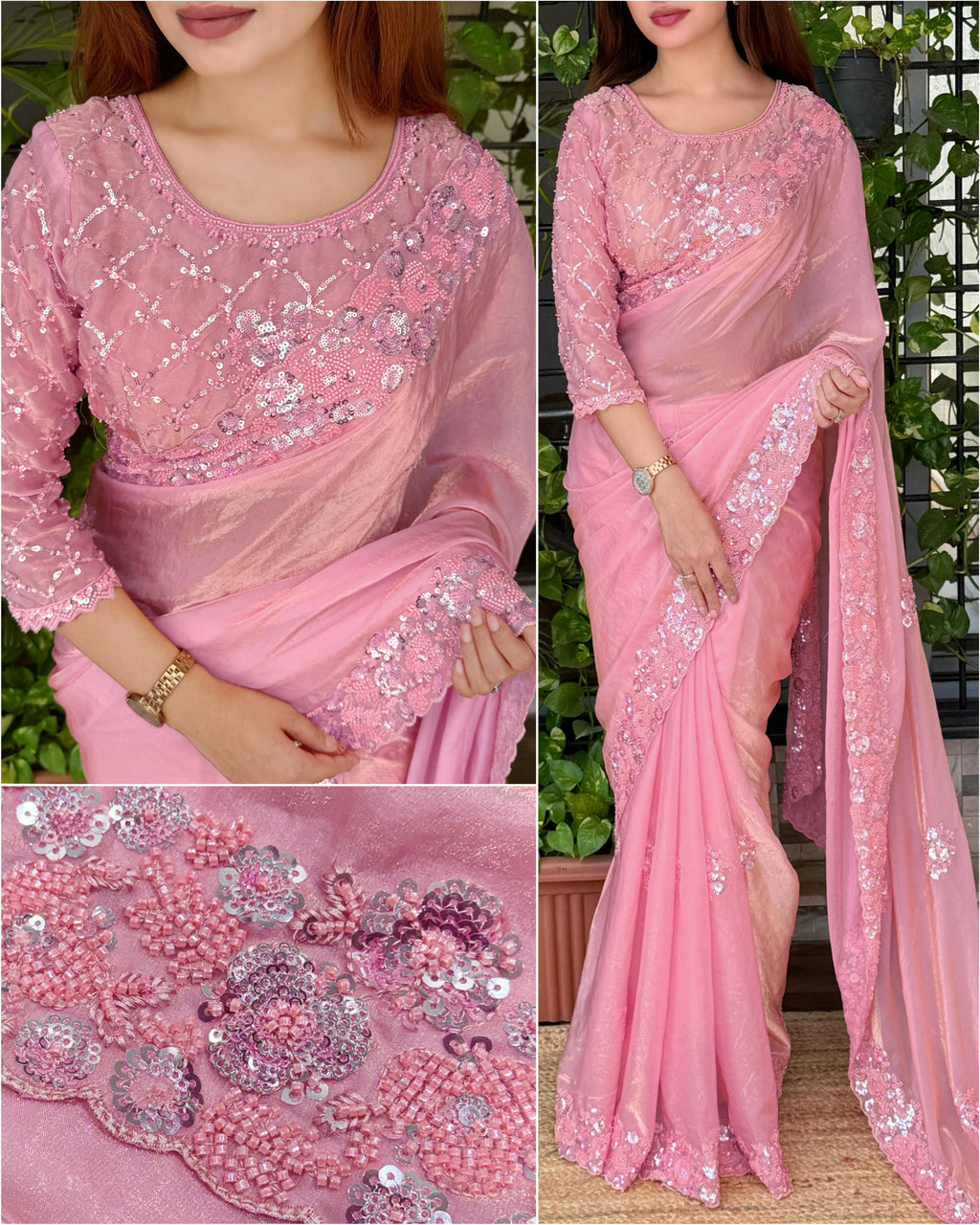 Luxury Fandy Satin Saree with Tone-on-Tone Beads & Sequins Embroidery