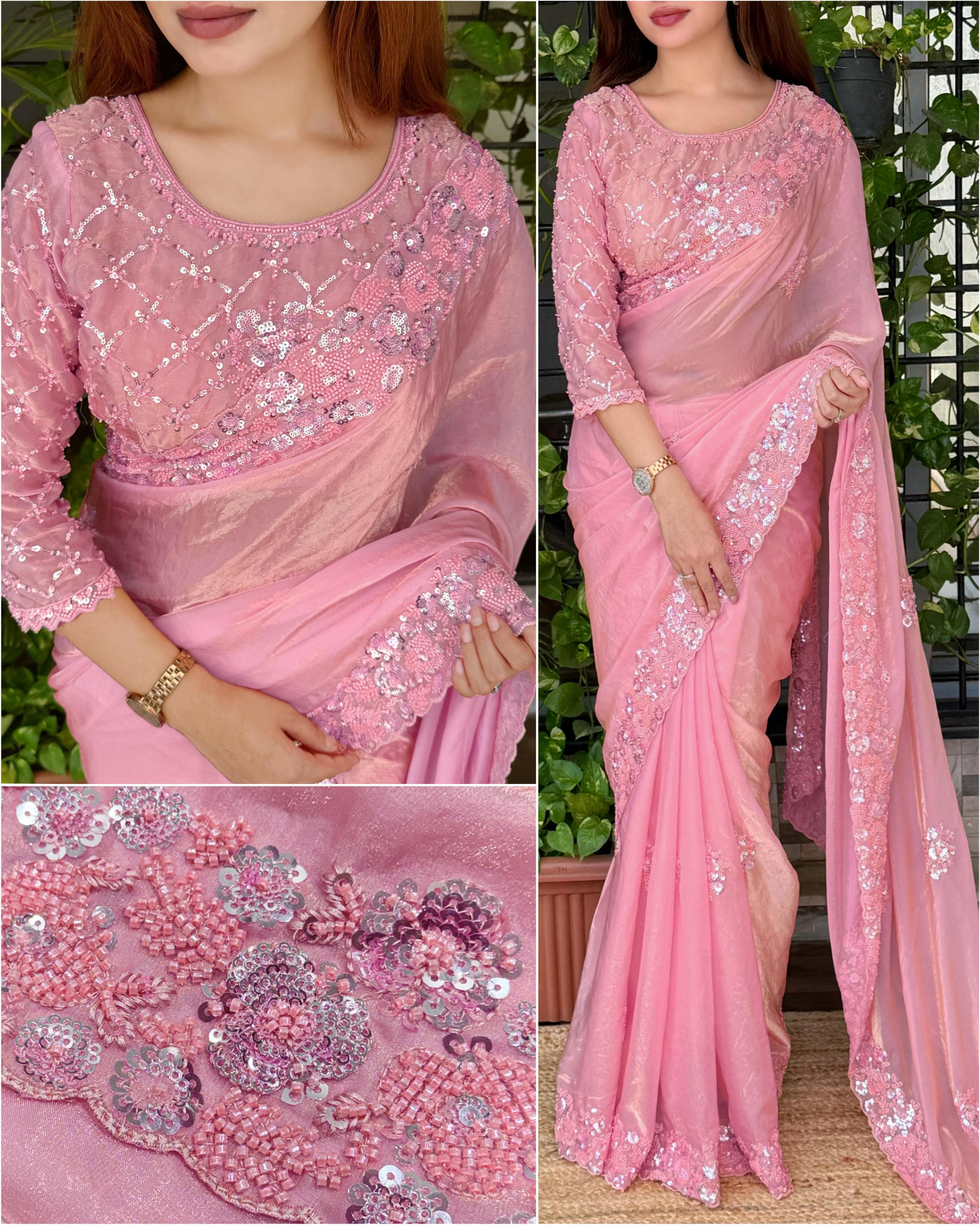 Luxury Fandy Satin Saree with Tone-on-Tone Beads & Sequins Embroidery