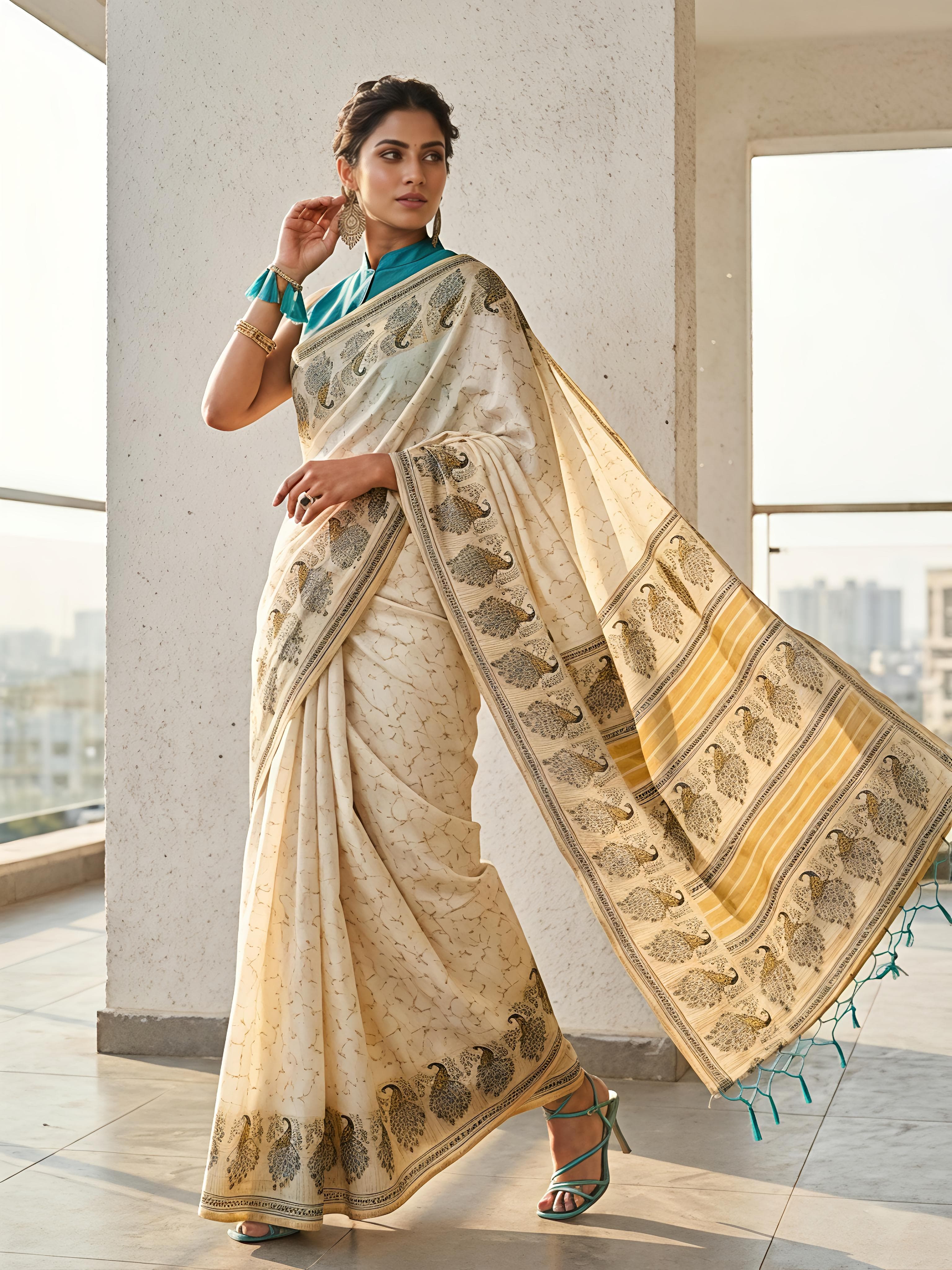 Pure Khadi Cotton Batik Hand Block Print Saree