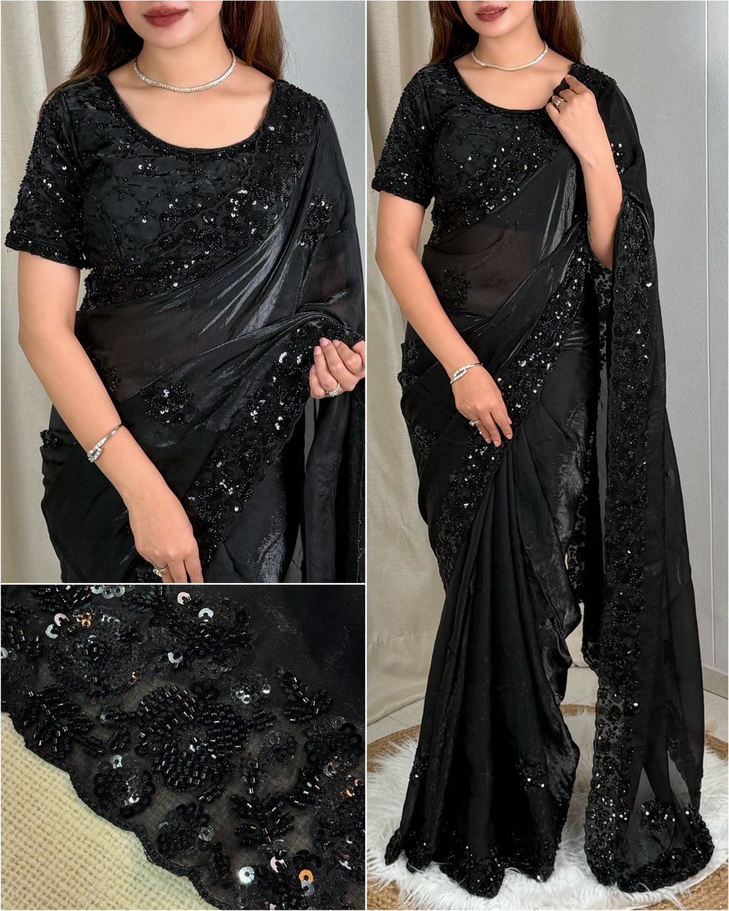Regal Fandy Satin Beads & Sequins Saree