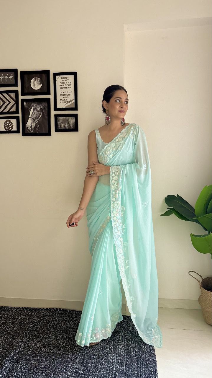 Premium Soft Georgette Saree with C-Pallu Sequins Embroidery