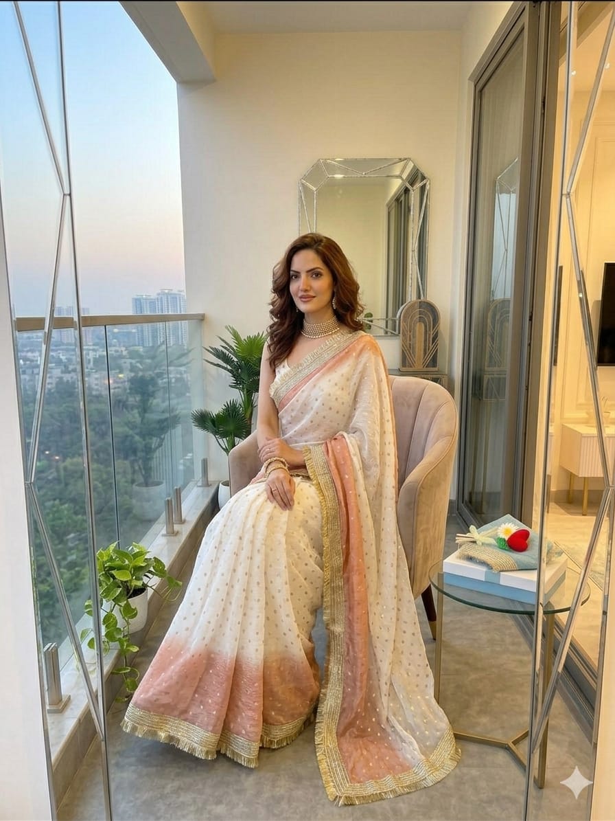 Premium Fendy Satin Jacquard Weaving Saree with Golden Lace Border