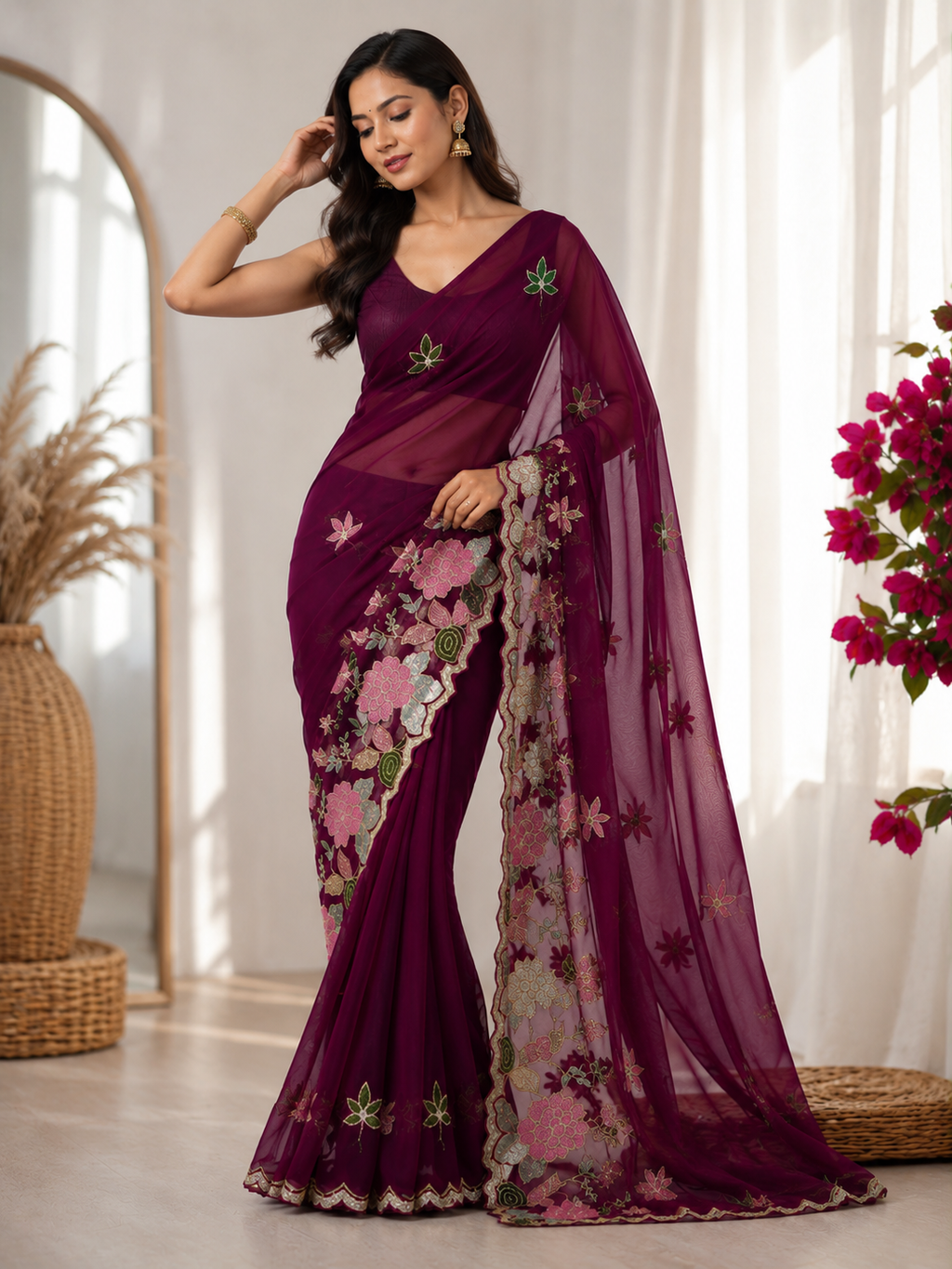 Designer Floral Sequin & Multicolour Embroidery Georgette Saree