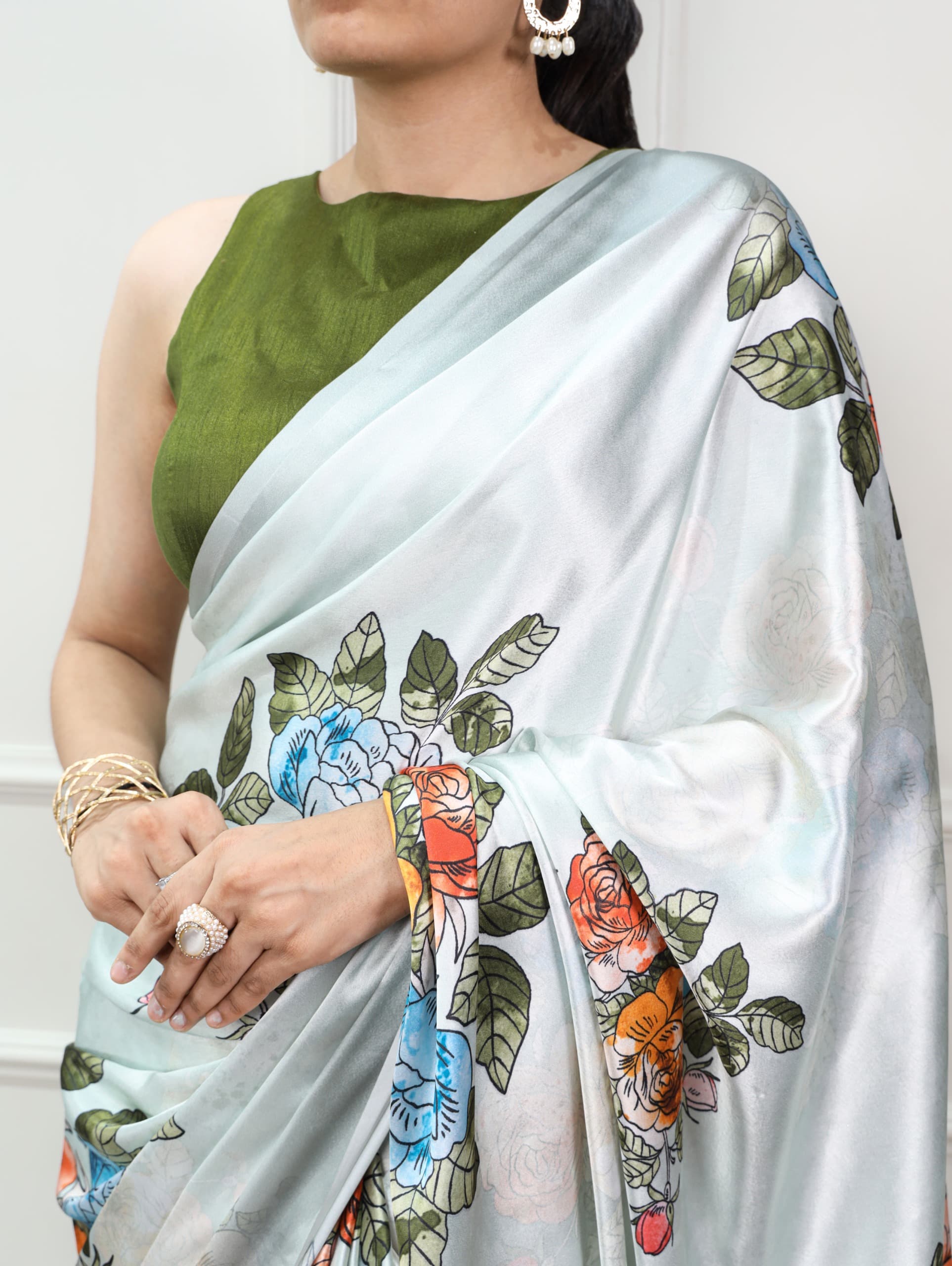 Floral Satin Silk Saree – Elegant & Timeless