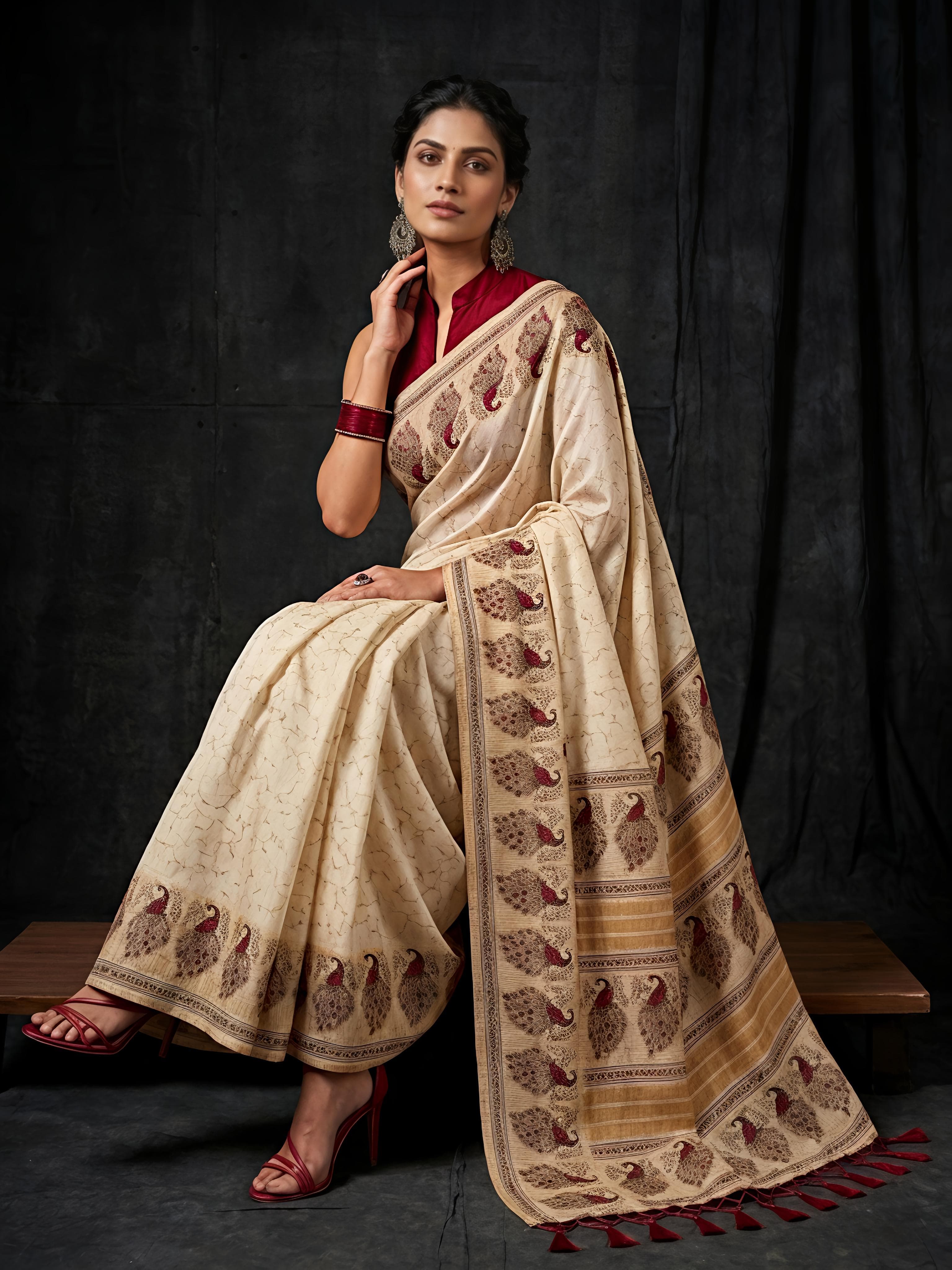 Pure Khadi Cotton Batik Hand Block Print Saree