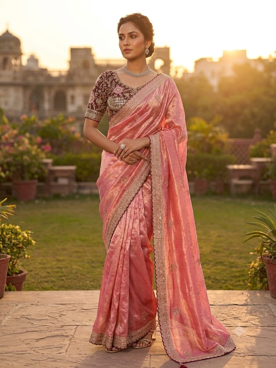 Premium Fendy Satin Saree with Sequins Embroidery & Fully Stitched Blouse
