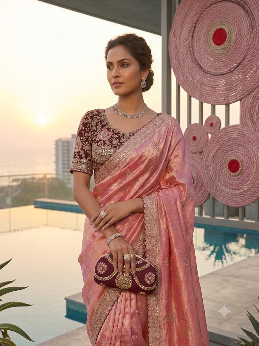 Premium Fendy Satin Saree with Sequins Embroidery & Fully Stitched Blouse