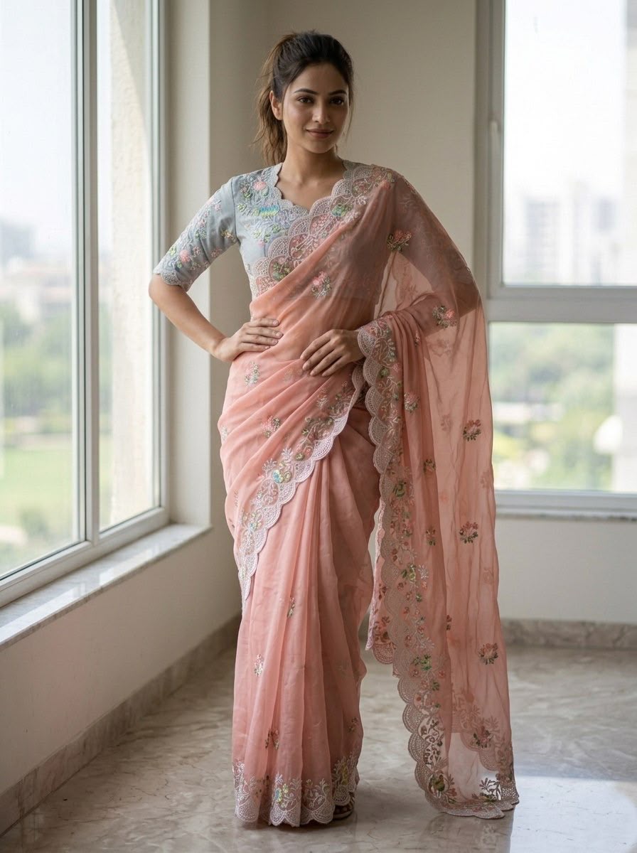 Party Wear Soft Fox Georgette Saree with Heavy Embroidery