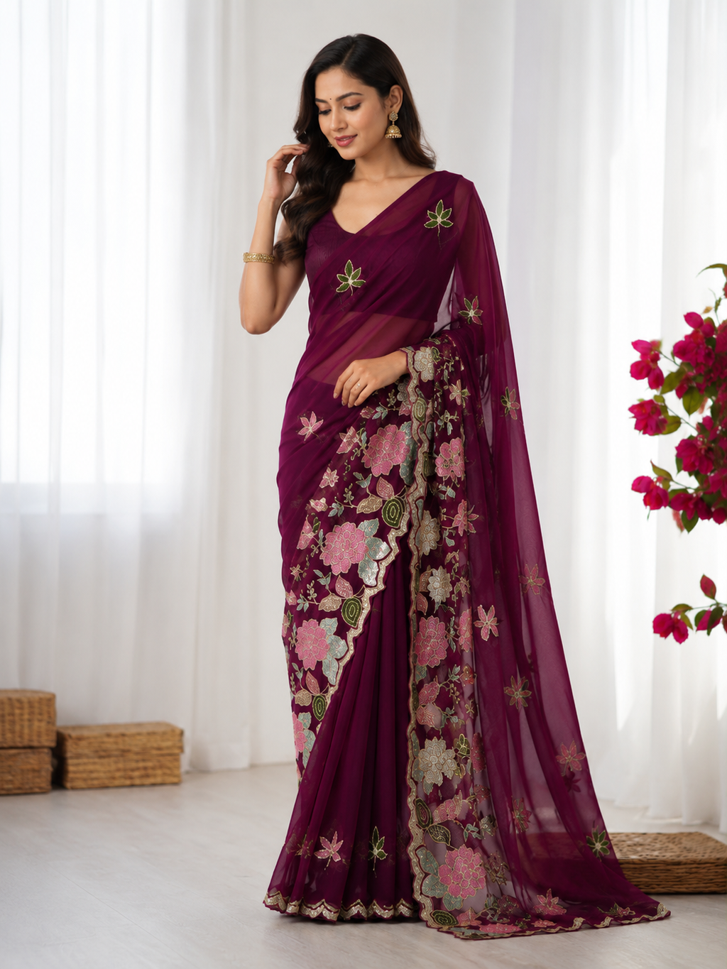 Designer Floral Sequin & Multicolour Embroidery Georgette Saree