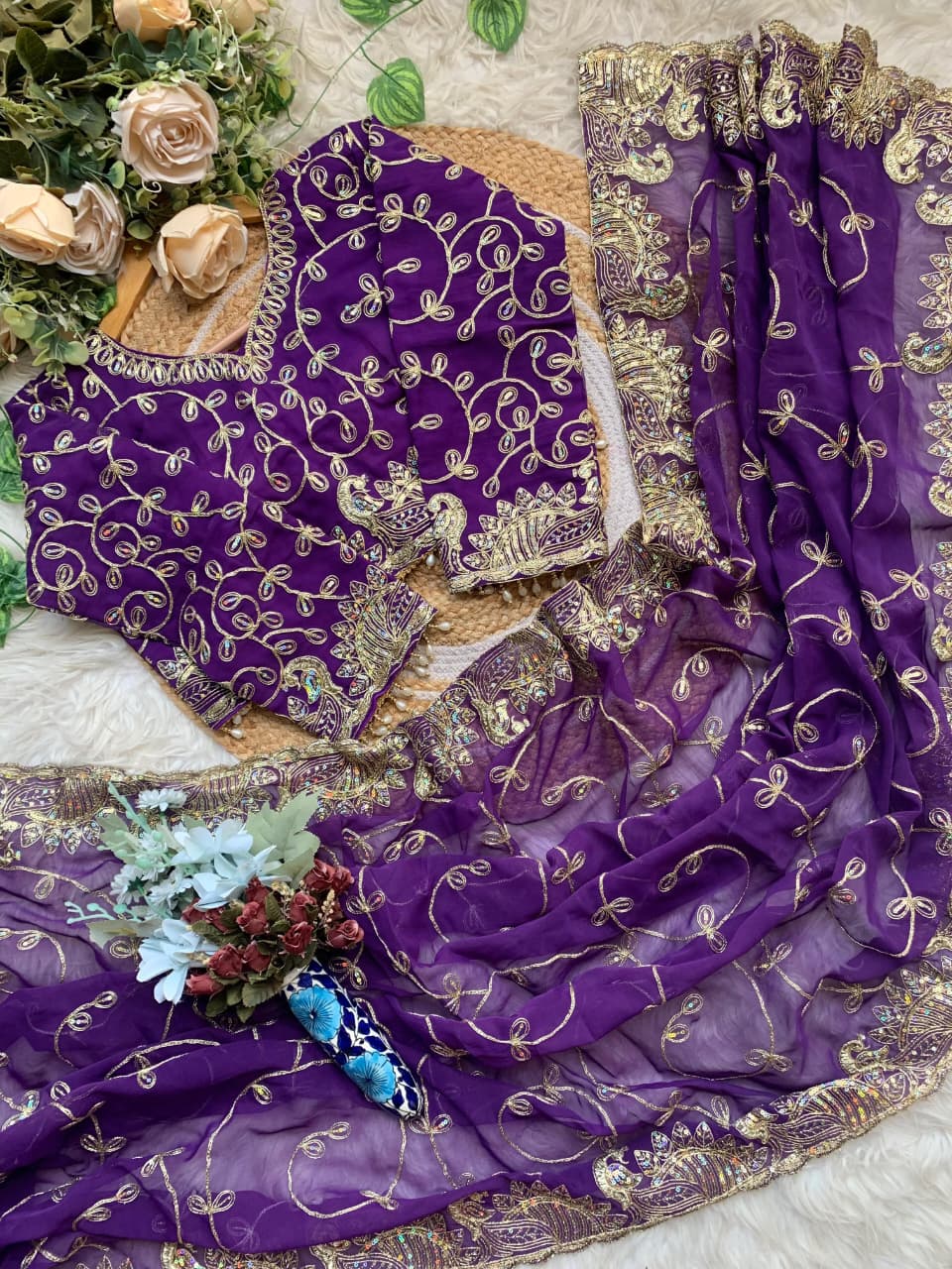 Premium Soft Georgette Saree with Heavy Embroidery & Sequins Work