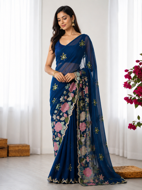 Designer Floral Sequin & Multicolour Embroidery Georgette Saree