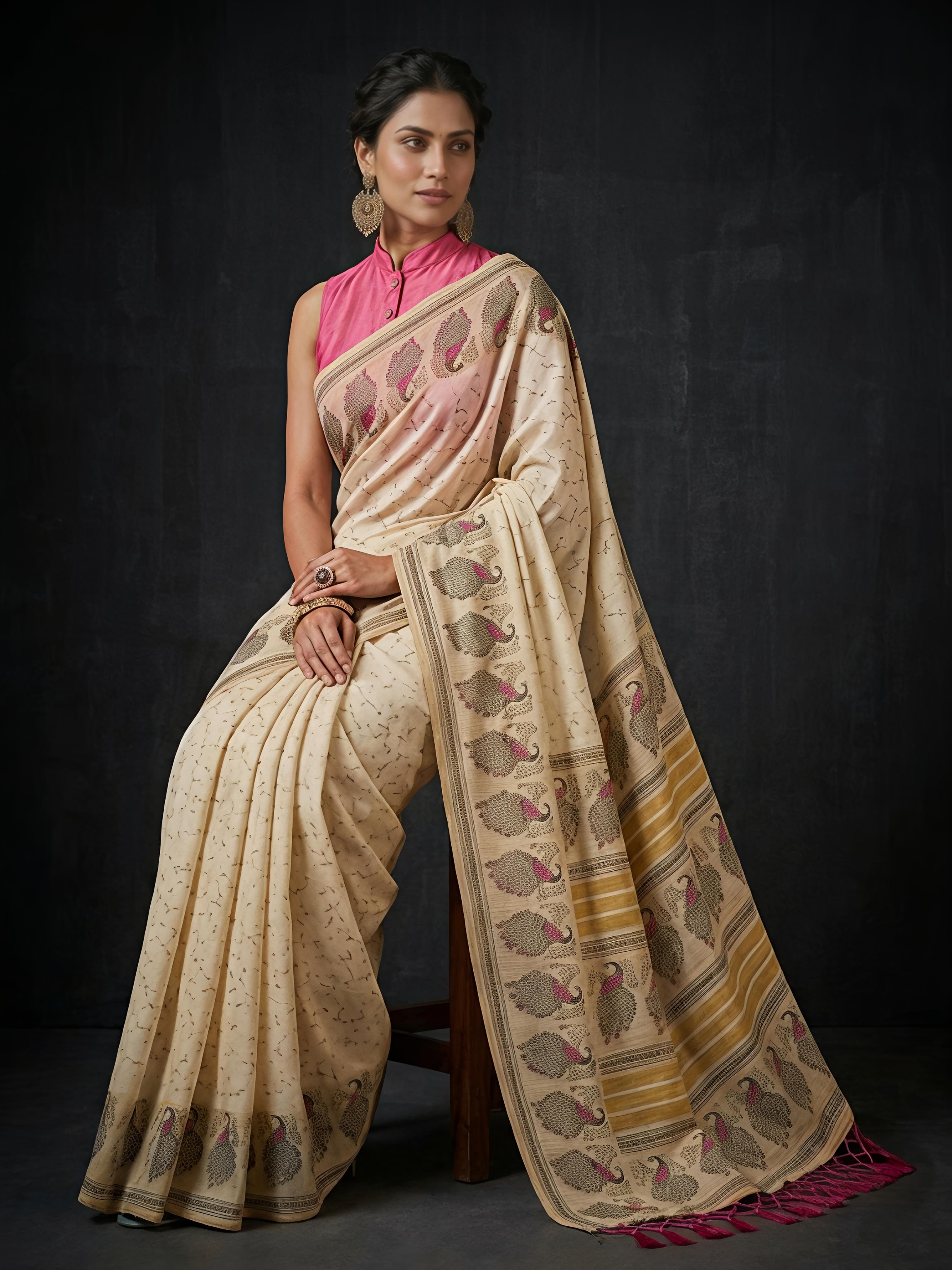 Pure Khadi Cotton Batik Hand Block Print Saree
