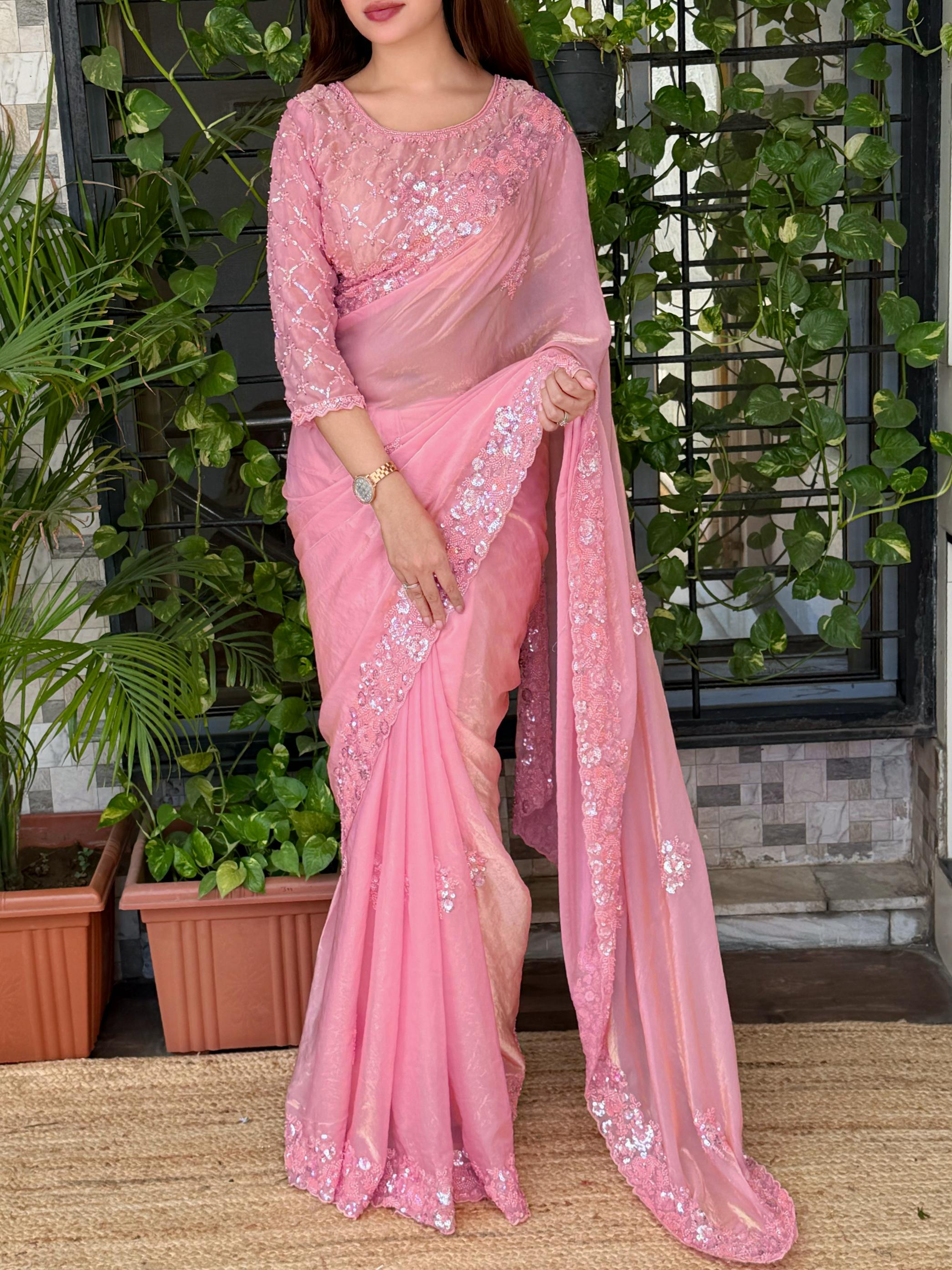 Luxury Fandy Satin Saree with Tone-on-Tone Beads & Sequins Embroidery