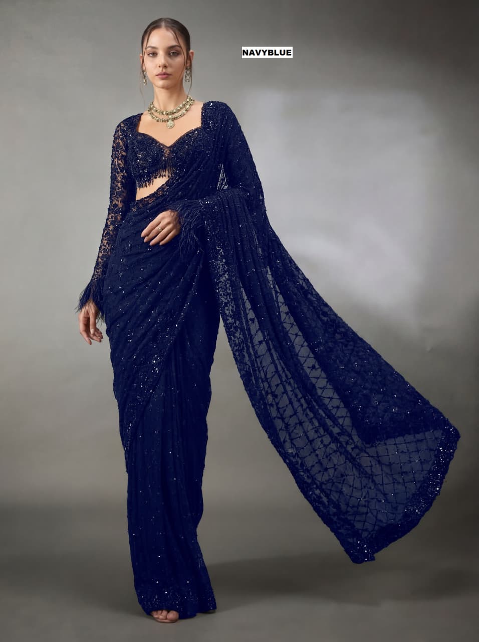 Bollywood-Inspired Faux Georgette Sequins Embroidered Saree