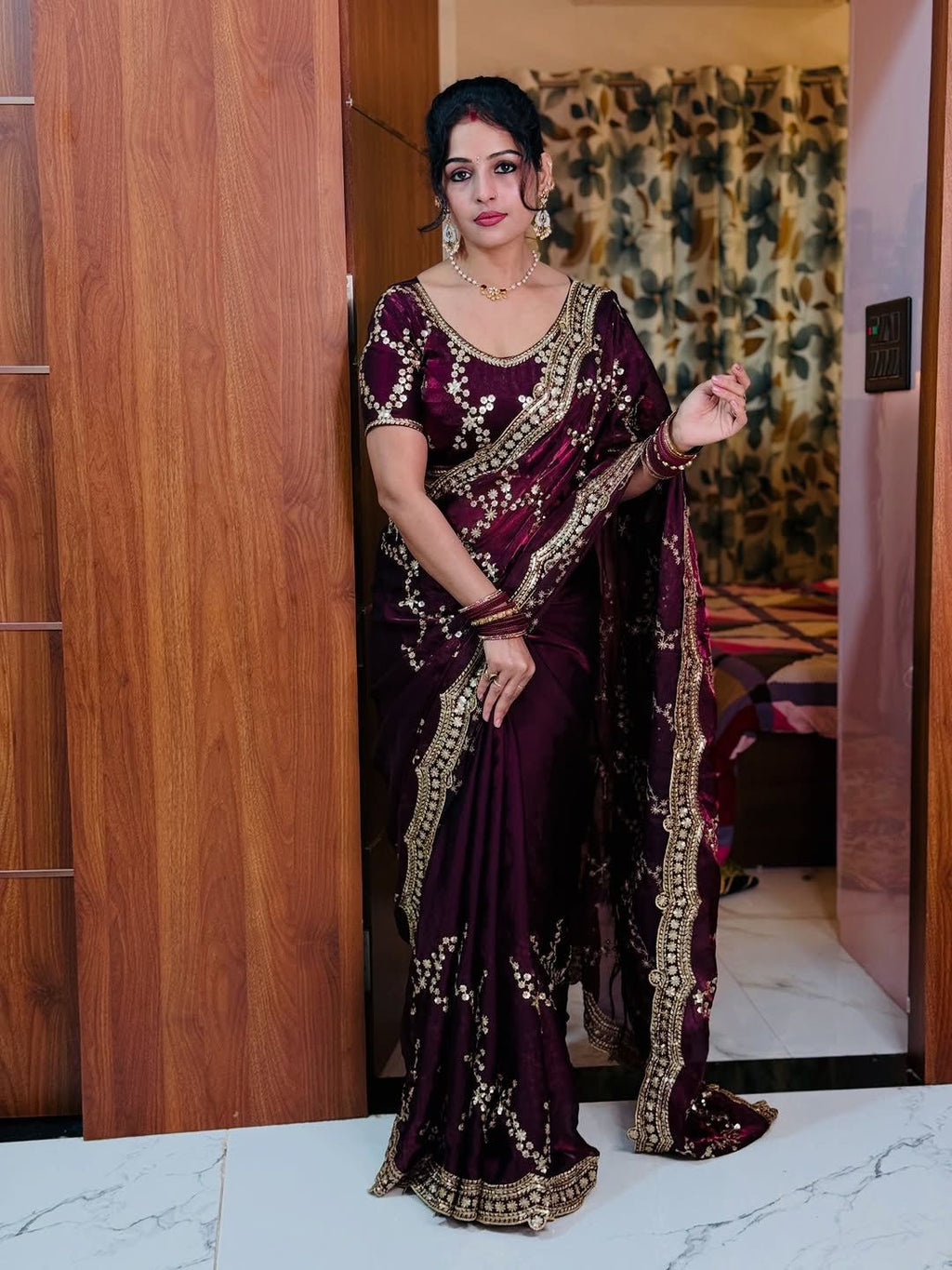 Soft Space Silk Sequins Embroidered Saree