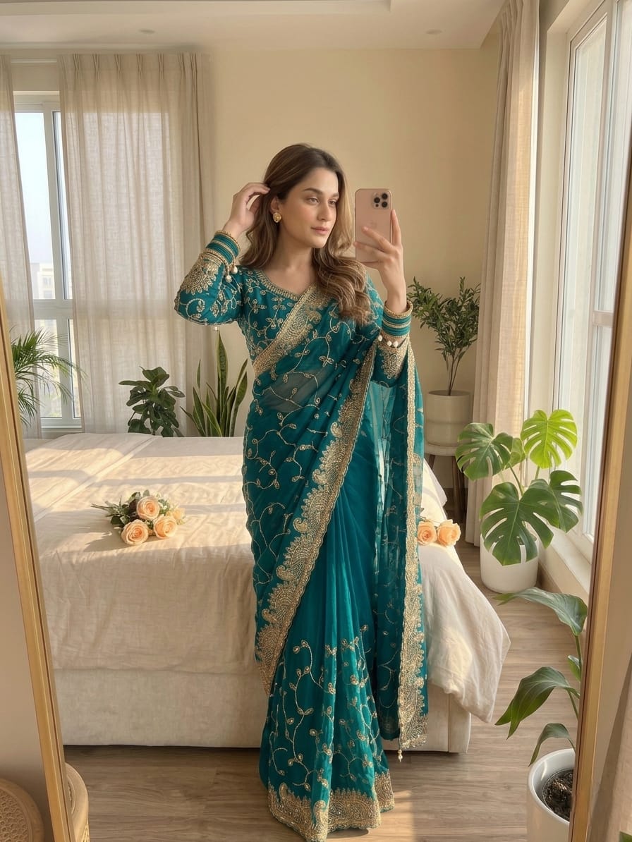 Premium Soft Georgette Saree with Heavy Embroidery & Sequins Work