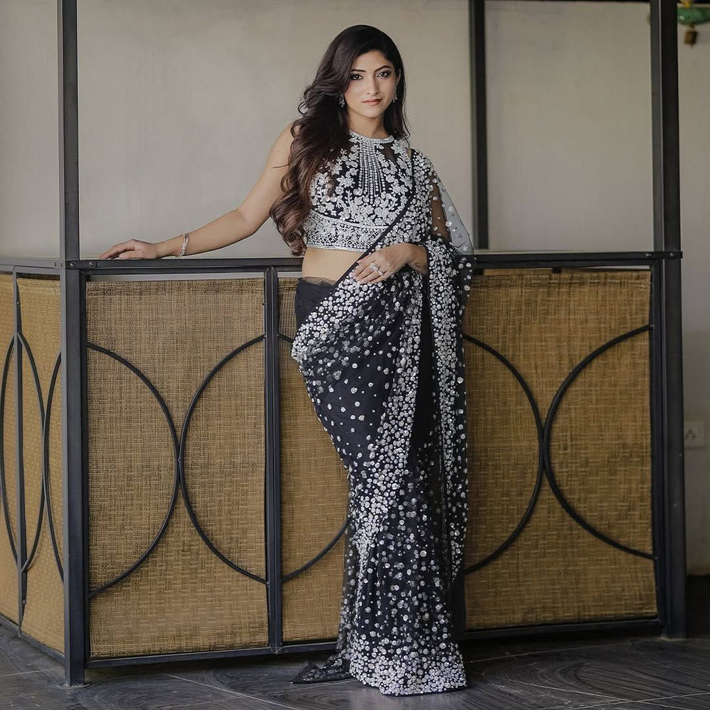 Premium Butterfly Soft Net Designer Saree with Hand Pearl Work