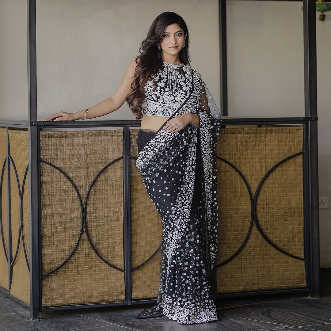 Premium Butterfly Soft Net Designer Saree with Hand Pearl Work