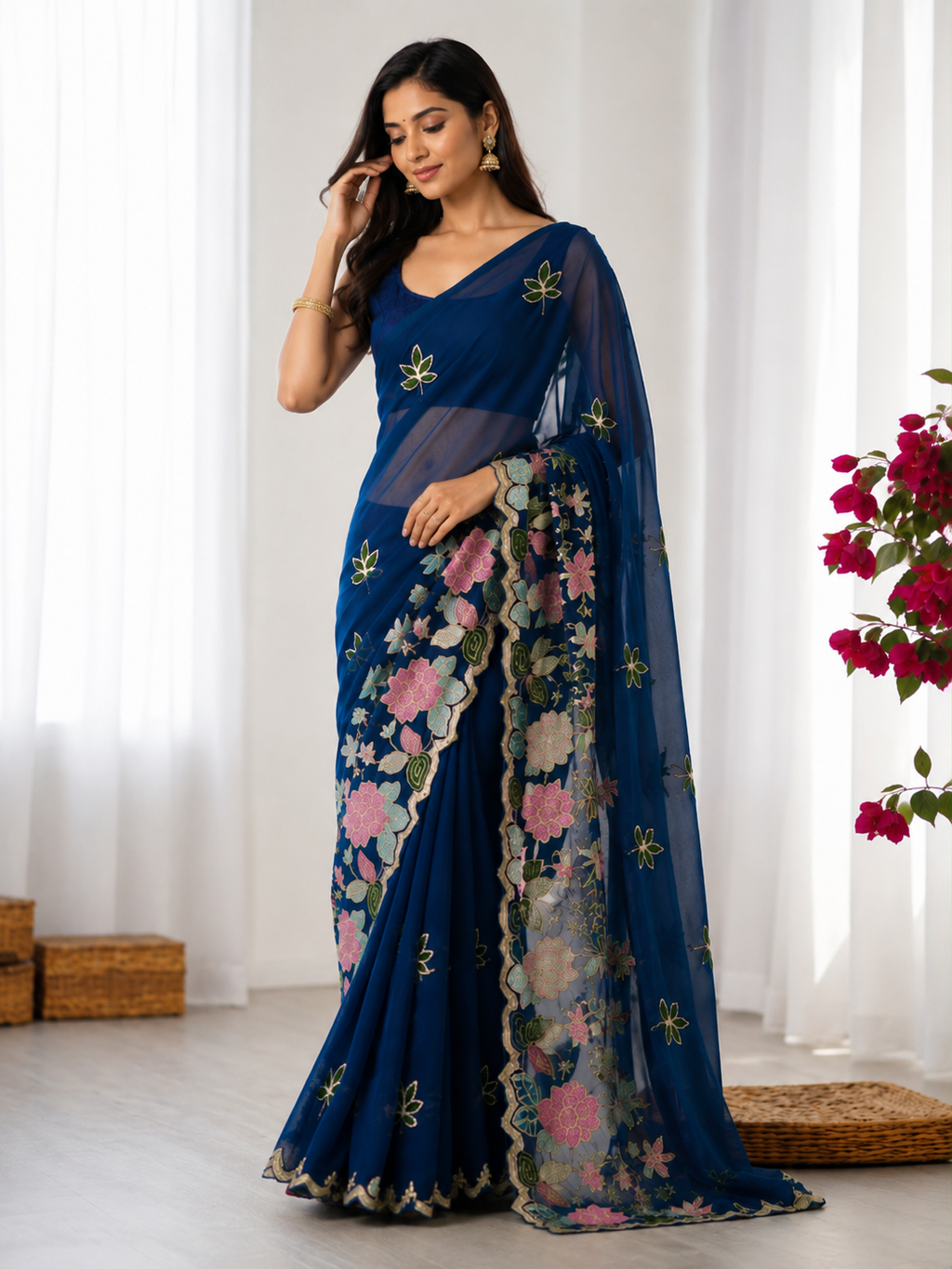 Designer Floral Sequin & Multicolour Embroidery Georgette Saree