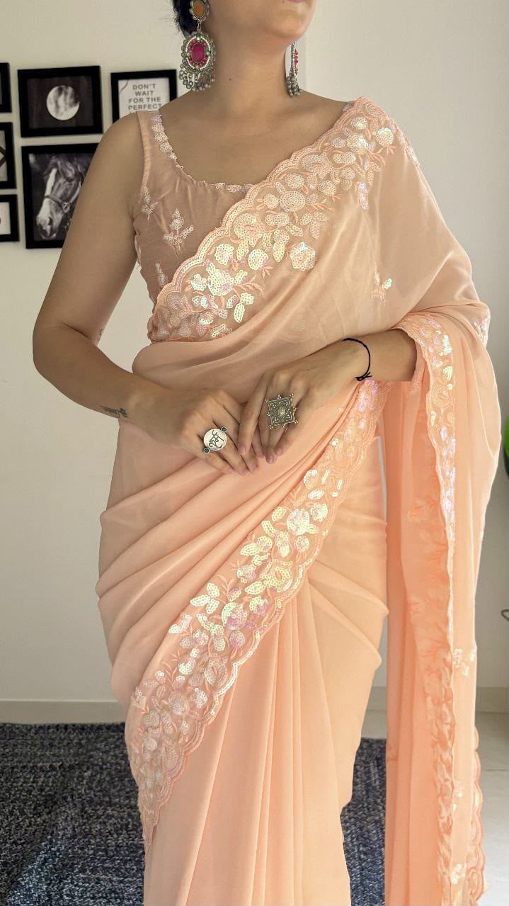 Premium Soft Georgette Saree with C-Pallu Sequins Embroidery