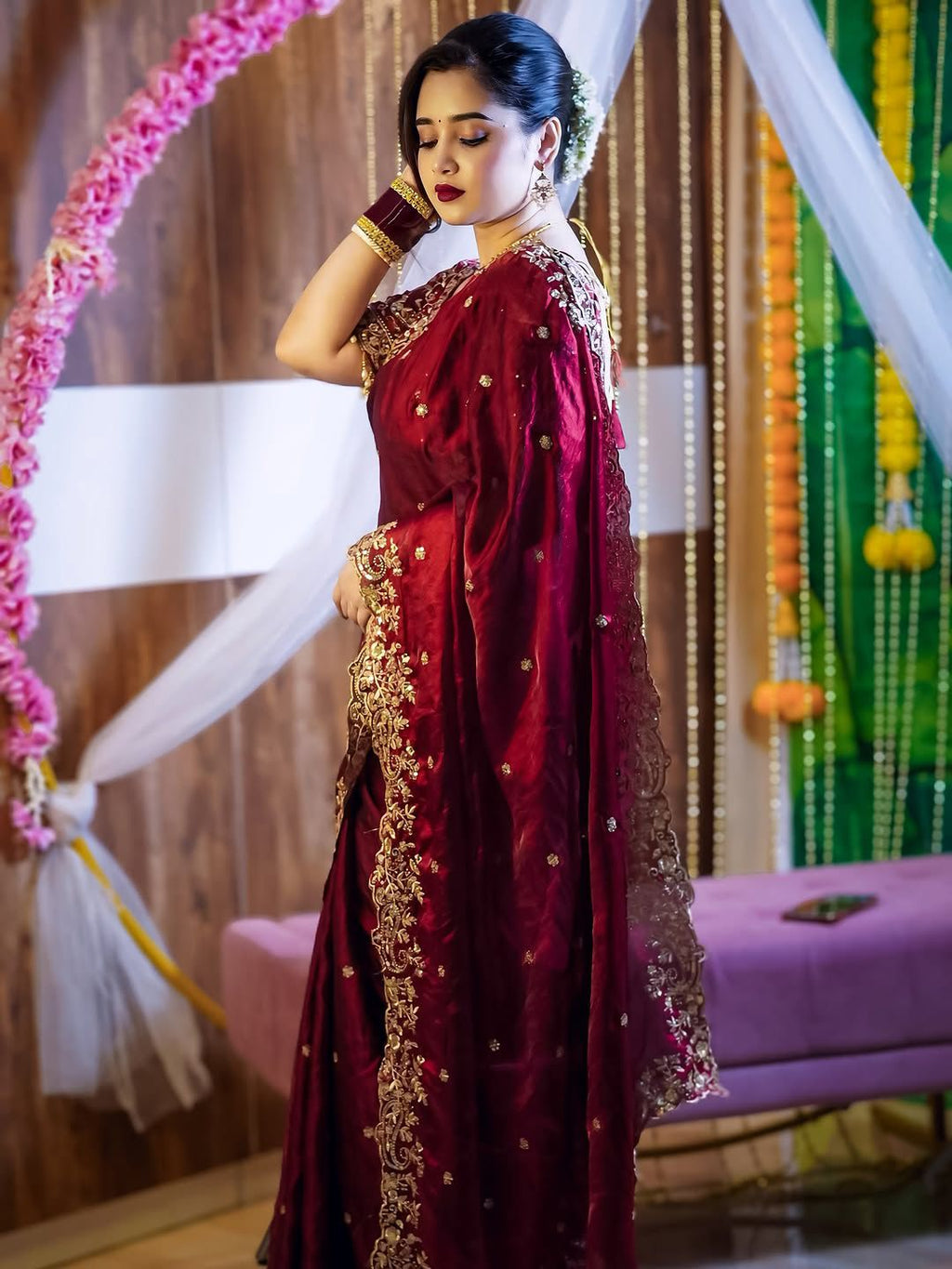 New Bollywood Trending Fendy Satin Silk Saree with Embroidery & Sequins Work