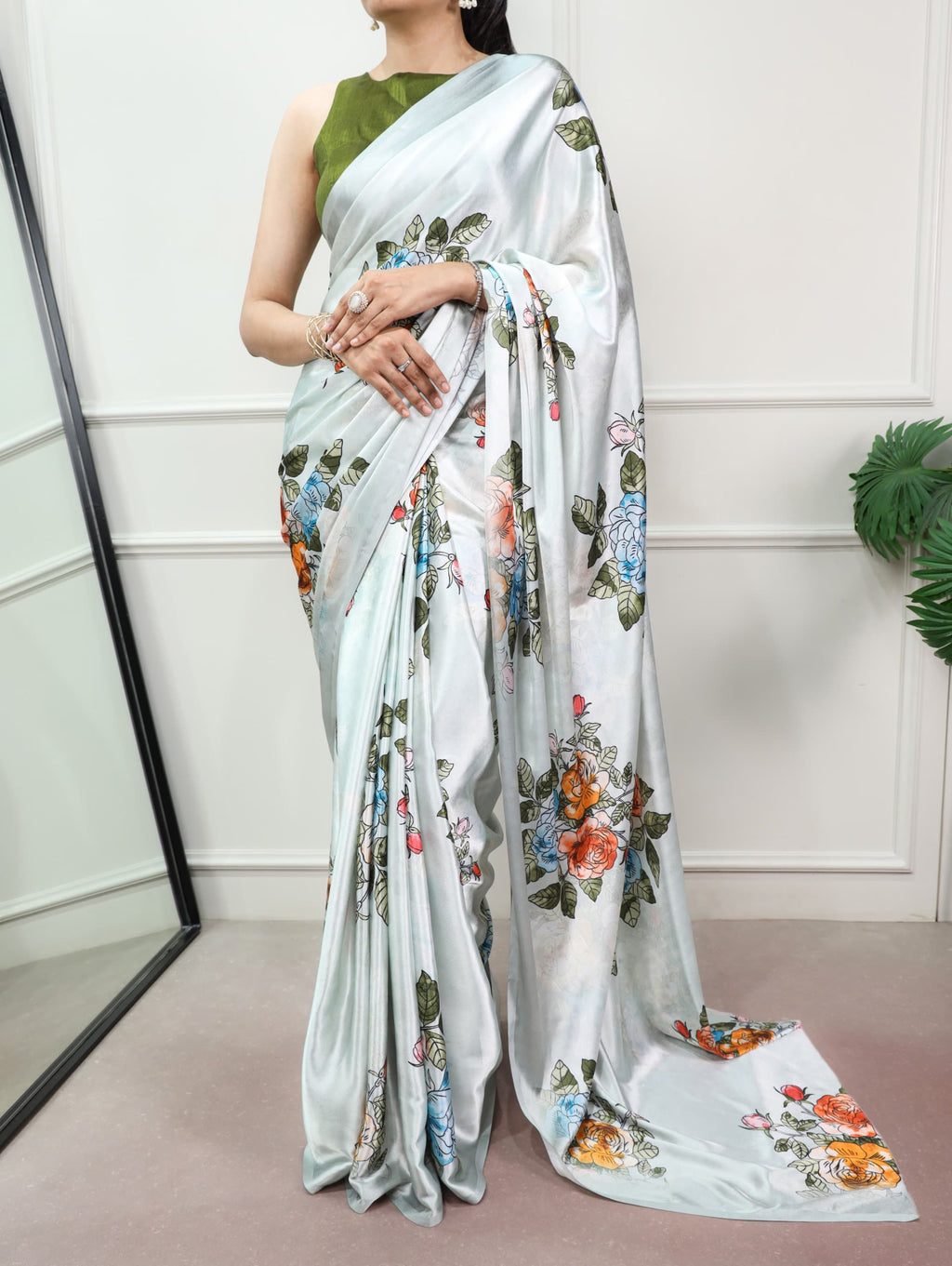 Floral Satin Silk Saree – Elegant & Timeless