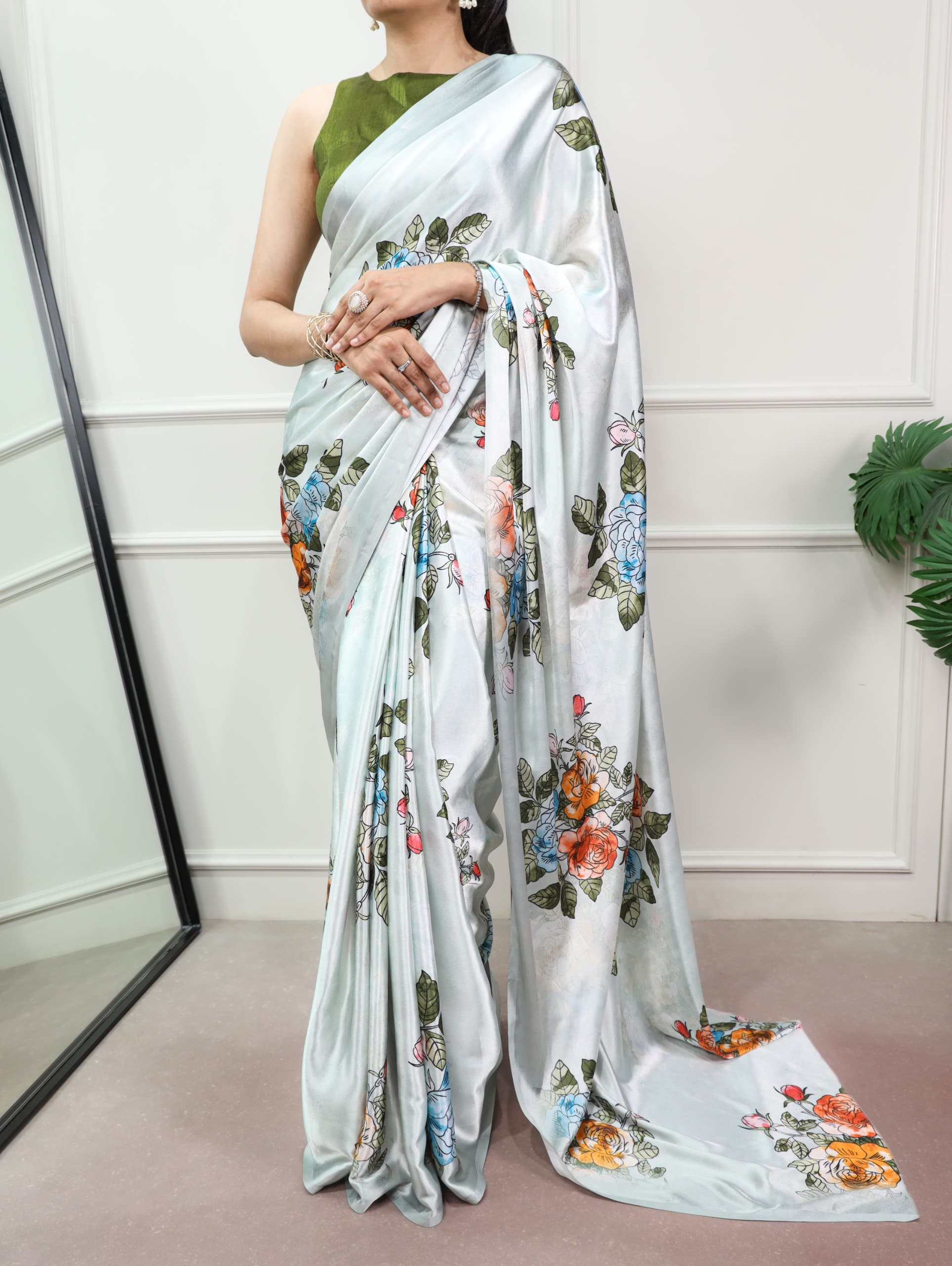 Floral Satin Silk Saree – Elegant & Timeless