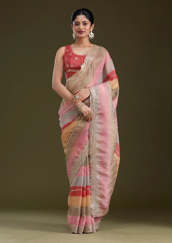 Designer Goldy Silk Saree with Sequins & Zari Embroidery